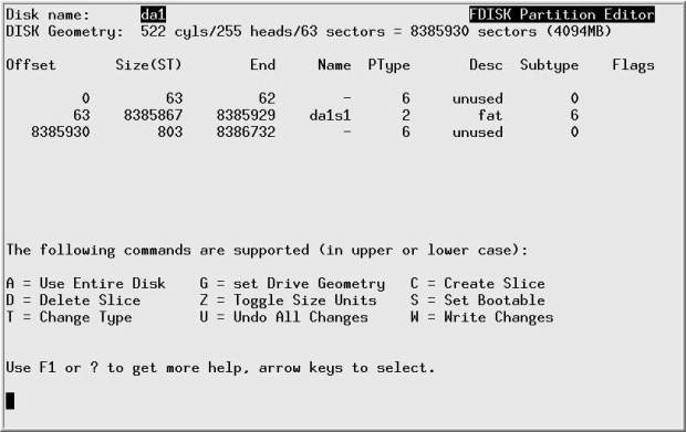 Disk partition menu