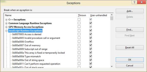 Исключения JavaScript времени выполнения в диалоговом окне Отладка > Исключения (Debug > Exceptions) в Visual Studio