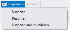 Выпадающее меню в панели инструментов Visual Studio для симуляции приостановки, возобновления и завершения работы приложения