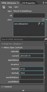 Закладка Атрибуты HTML (HTML Attributes) в Blend показывает параметры элемента управления WinJS, их правка повлияет на атрибут data-win-options в разметке
