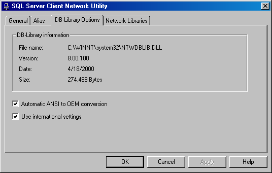  Вкладка DB-Library Options диалогового окна SQL Server Client Network Utility