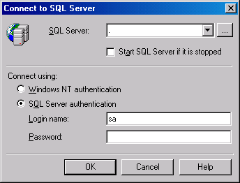 Диалоговое окно Connect to SQL Server