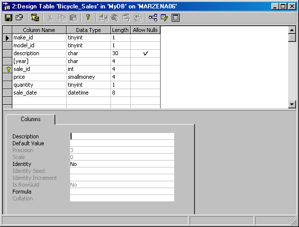 Окно Design Table (Проектирование таблицы)