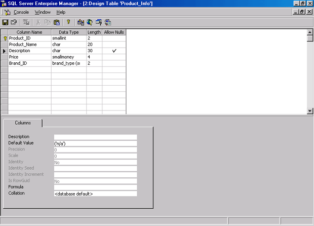 Окно Design Table (Разработка таблицы) для таблицы Product_Info