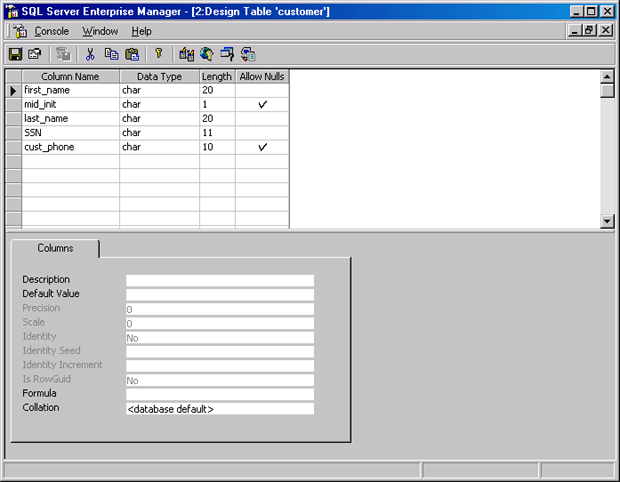 Окно Design Table для таблицы customer с установленными флажками в столбце Allow Nulls.