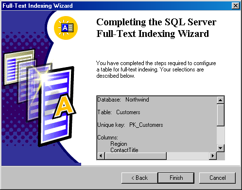  Completing the SQL Server Full-Text Indexing Wizard