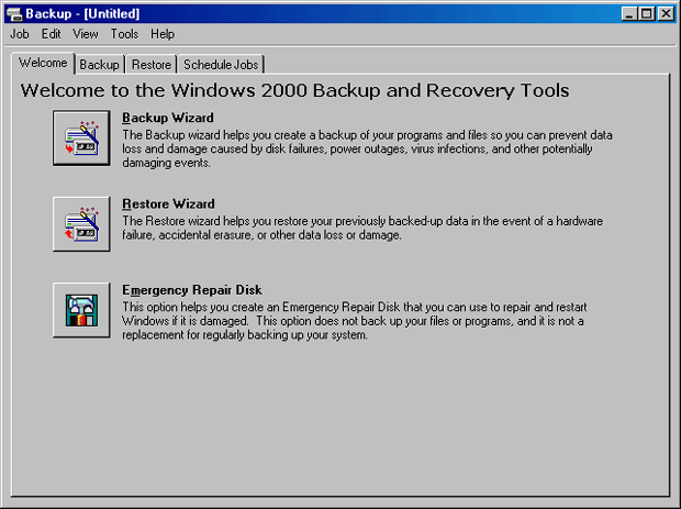 Окно мастера Windows 2000 для резервного копирования и восстановления
