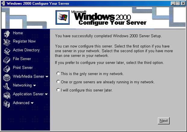  Мастер Windows 2000 Configure Your Server Wizard