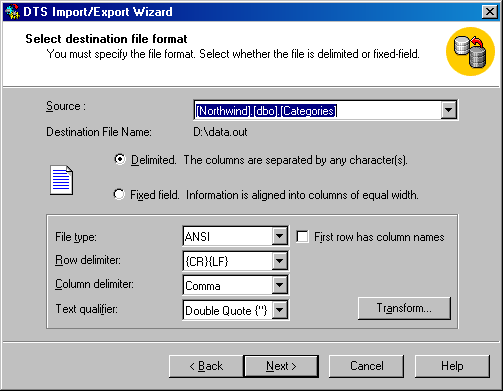   Select destination file format