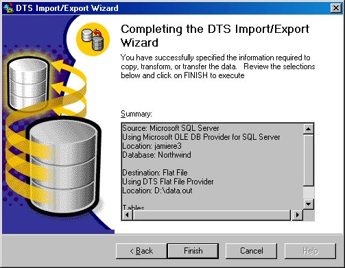   Completing the DTS Export Wizard