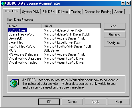  User DSN   ODBC Data Source Administrator