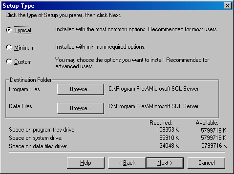 Диалоговое окно Setup Type (Тип установки)