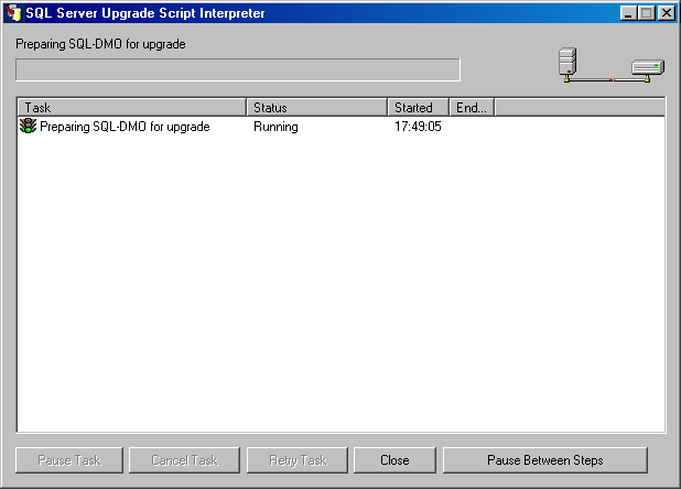 Диалоговое окно SQL Server Upgrade Script Interpreter (Интерпретатор сценария обновления SQL Server)