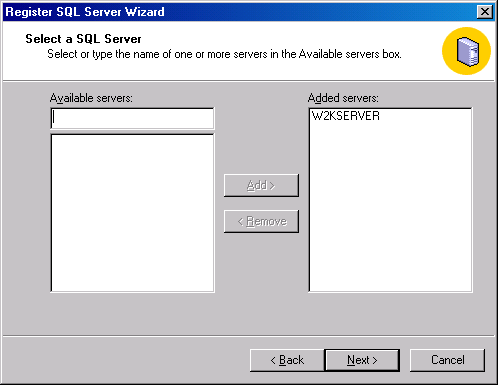 Экран Select а SQL Server (Выберите SQL Server)