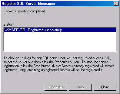 Диалоговое окно Register SQL Server Messages (Сообщения регистрации SQL Server)