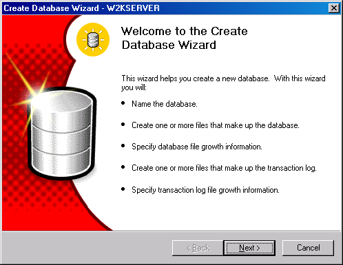 Стартовый экран мастера Create Database Wizard