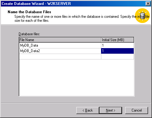 Экран Name the Database Files (Дайте имена файлам базы данных)