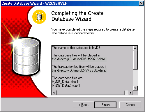 Экран Completing the Create Database Wizard (Завершение работы мастера Create Database Wizard)