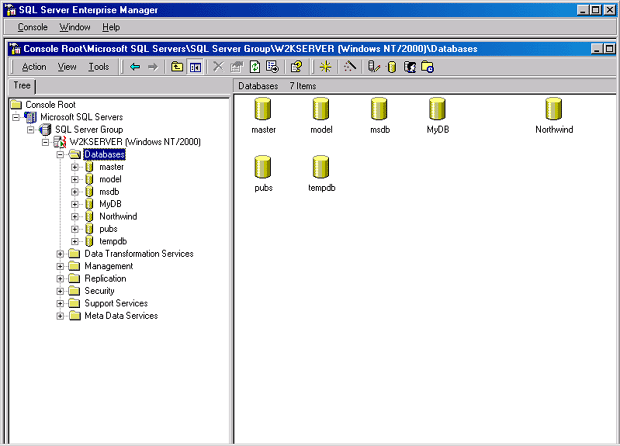 Enterprise Manager с раскрытой папкой Databases