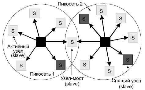 Две пикосети, образующие рассеянную сеть (Э. Таненбаум "Компьютерные сети", Питер, 2003)