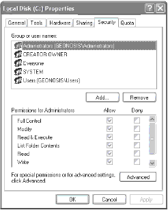 Вкладка Security (Безопасность) диалогового окна свойств