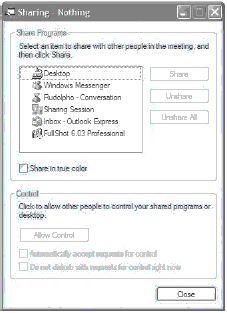 Окно сеанса общего доступа программы Windows Messenger