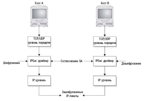 Для обмена информацией два хоста устанавливают связь посредством протокола IPSec