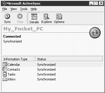Окно Microsoft ActiveSync 