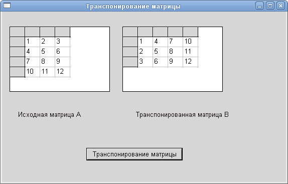 Результаты работы программы транспонирования матрицы A(3,4)